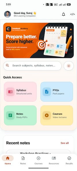 Comeback Academy home screen with quick access to syllabus, papers, notes and courses