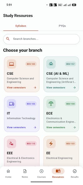 Comeback Academy study resources screen for choosing a branch