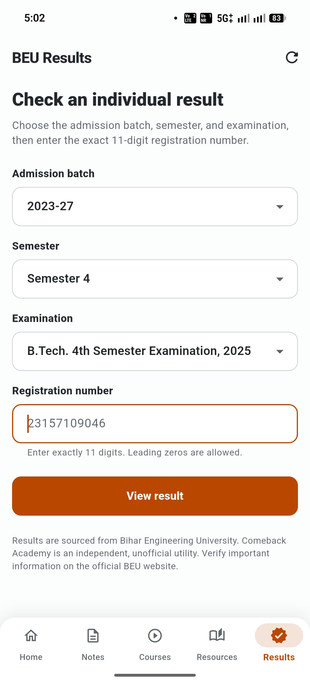 Comeback Academy BEU Results screen: choose the admission batch, semester and examination, then enter an 11-digit registration number to view a result