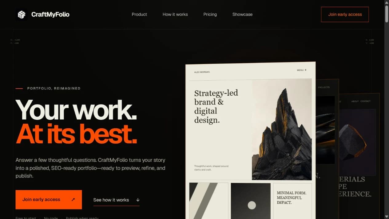 The live CraftMyFolio landing page showing portfolio design examples