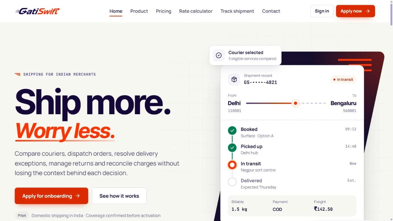 GatiSwift staging website showing its shipping and courier software